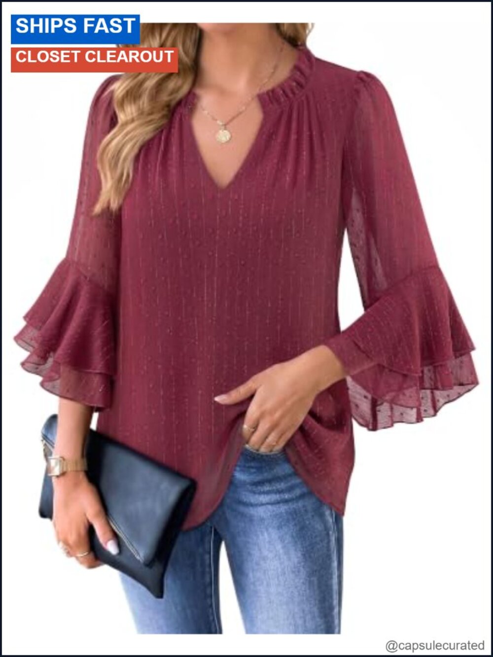 Womens 3/4 Sleeve Chiffon Blouse Ruffle Neck Solid Business Casual Tops